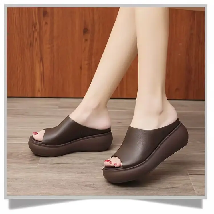 Soft Leather Vintage Wedge Slippers 2025 Spring and Summer New Ethnic Style Outgoing Wear Simple Thick Slippers for Women — feature 6