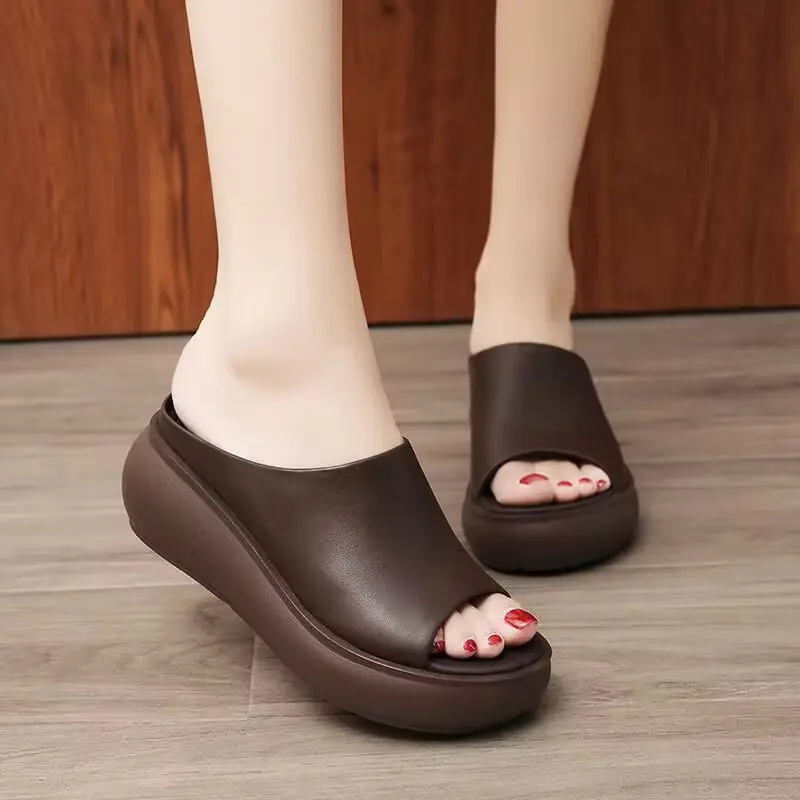 Soft Leather Vintage Wedge Slippers 2025 Spring and Summer New Ethnic Style Outgoing Wear Simple Thick Slippers for Women - Image 3
