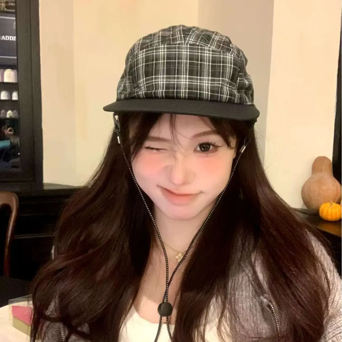 Japanese Plaid Drawstring Sun Hat for Men Women - Image 4