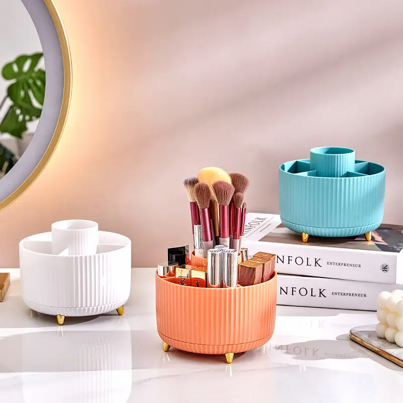 Pink Makeup Brush Holder 14cm Rotating Desk Storage