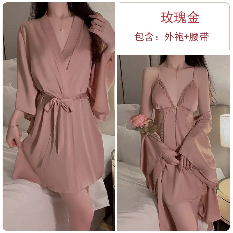 Geiruo Sexy Nightgown Red Satin Plus Belt