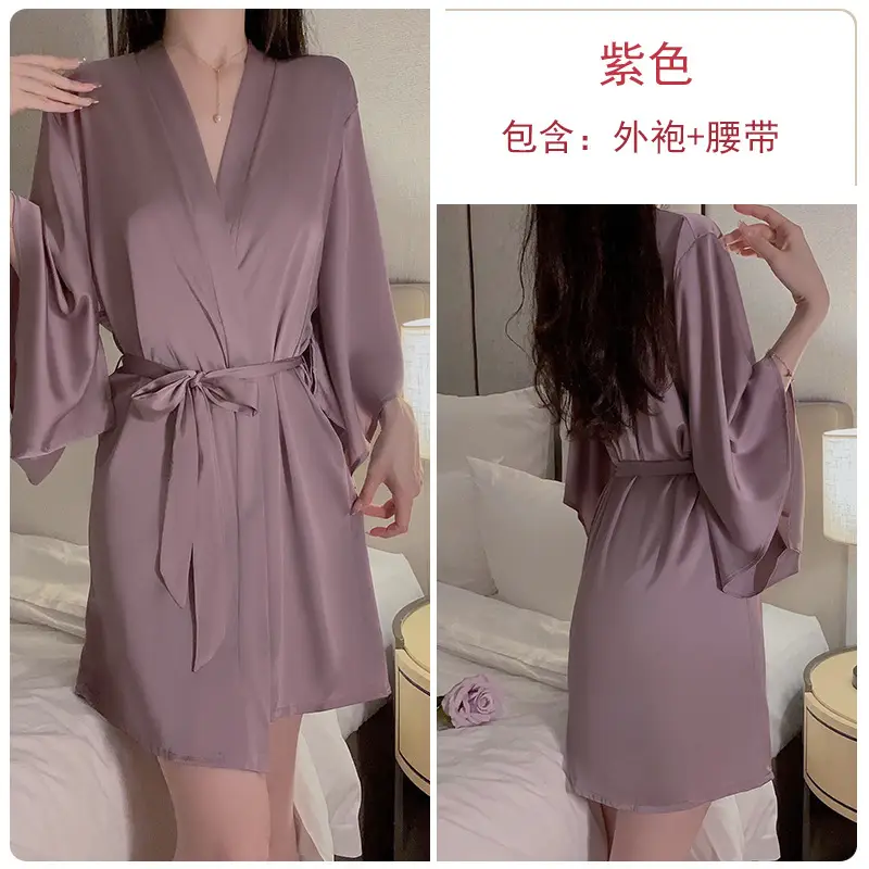Geiruo Sexy Nightgown Red Satin Plus Belt
