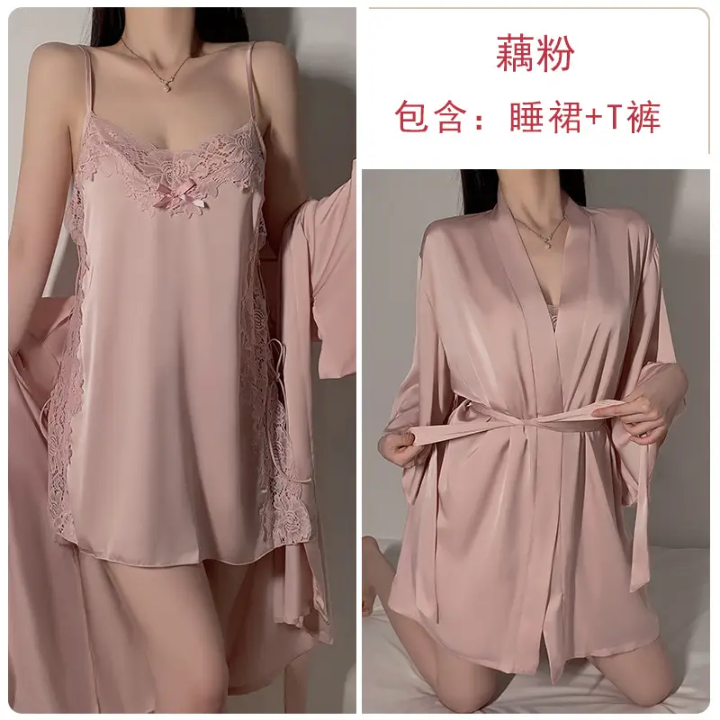 Geiruo Sexy Nightgown Red Satin Plus Belt