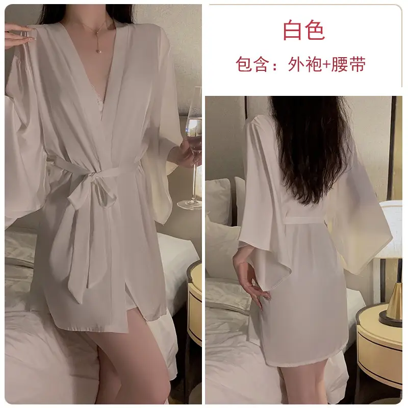 Geiruo Sexy Nightgown Red Satin Plus Belt