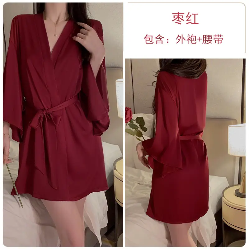 Geiruo Sexy Nightgown Red Satin Plus Belt