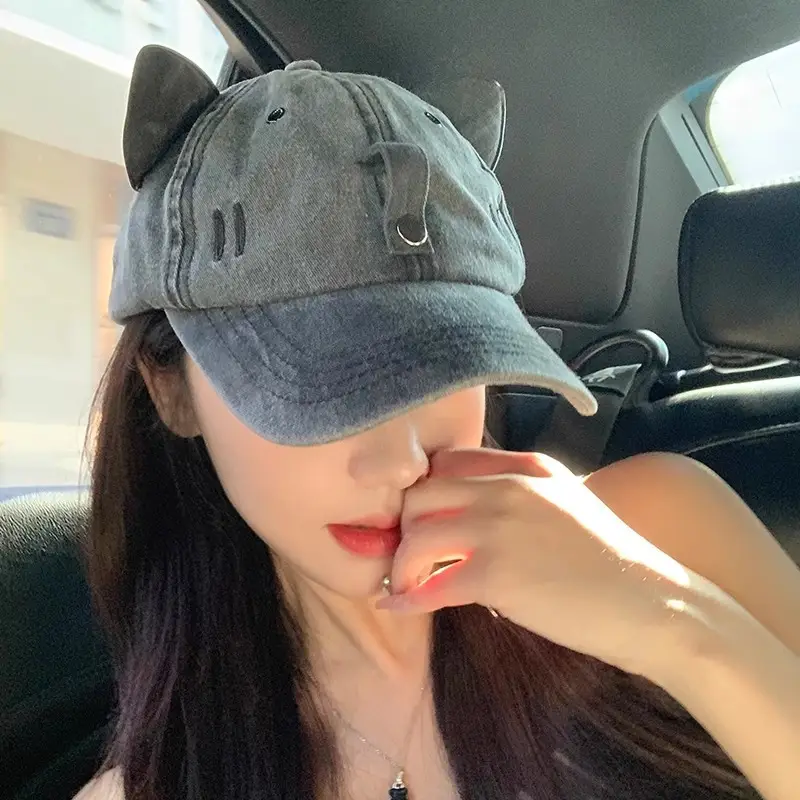 Women Cat Ears Wash Denim Cap Aviator Baseball Sunglasses - Image 5