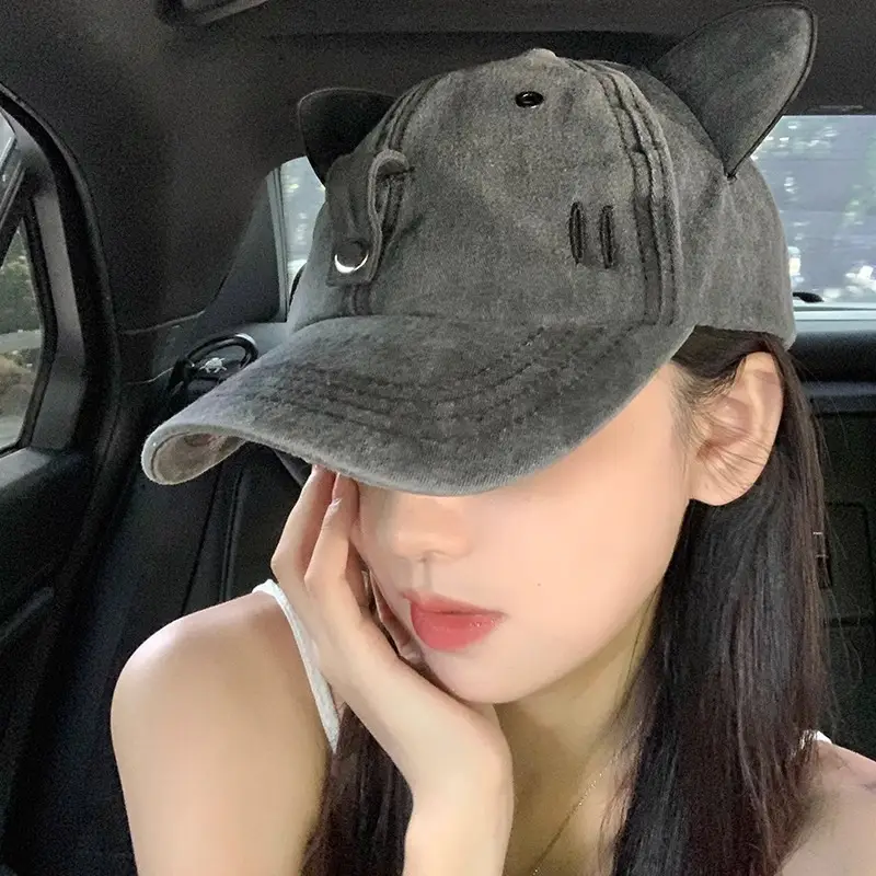 Women Cat Ears Wash Denim Cap Aviator Baseball Sunglasses - Image 6