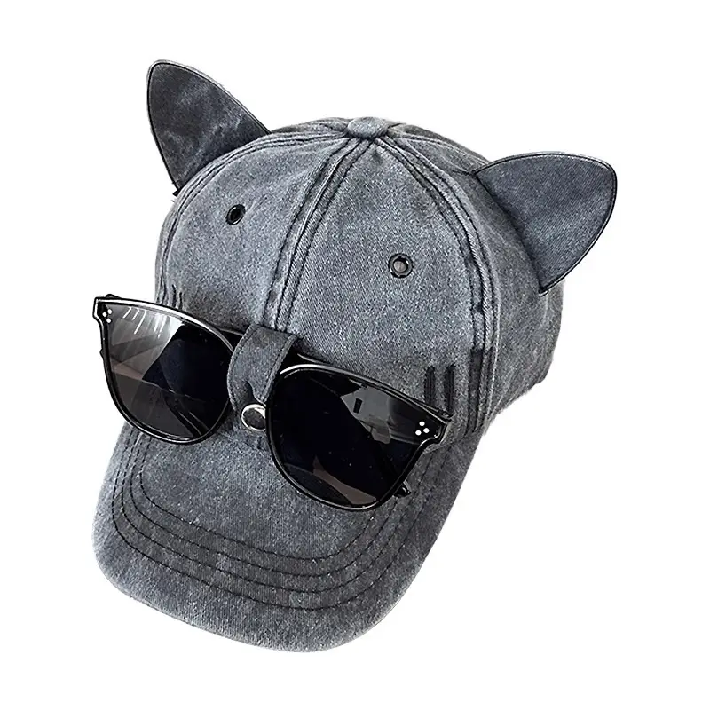 Women Cat Ears Wash Denim Cap Aviator Baseball Sunglasses - Image 8