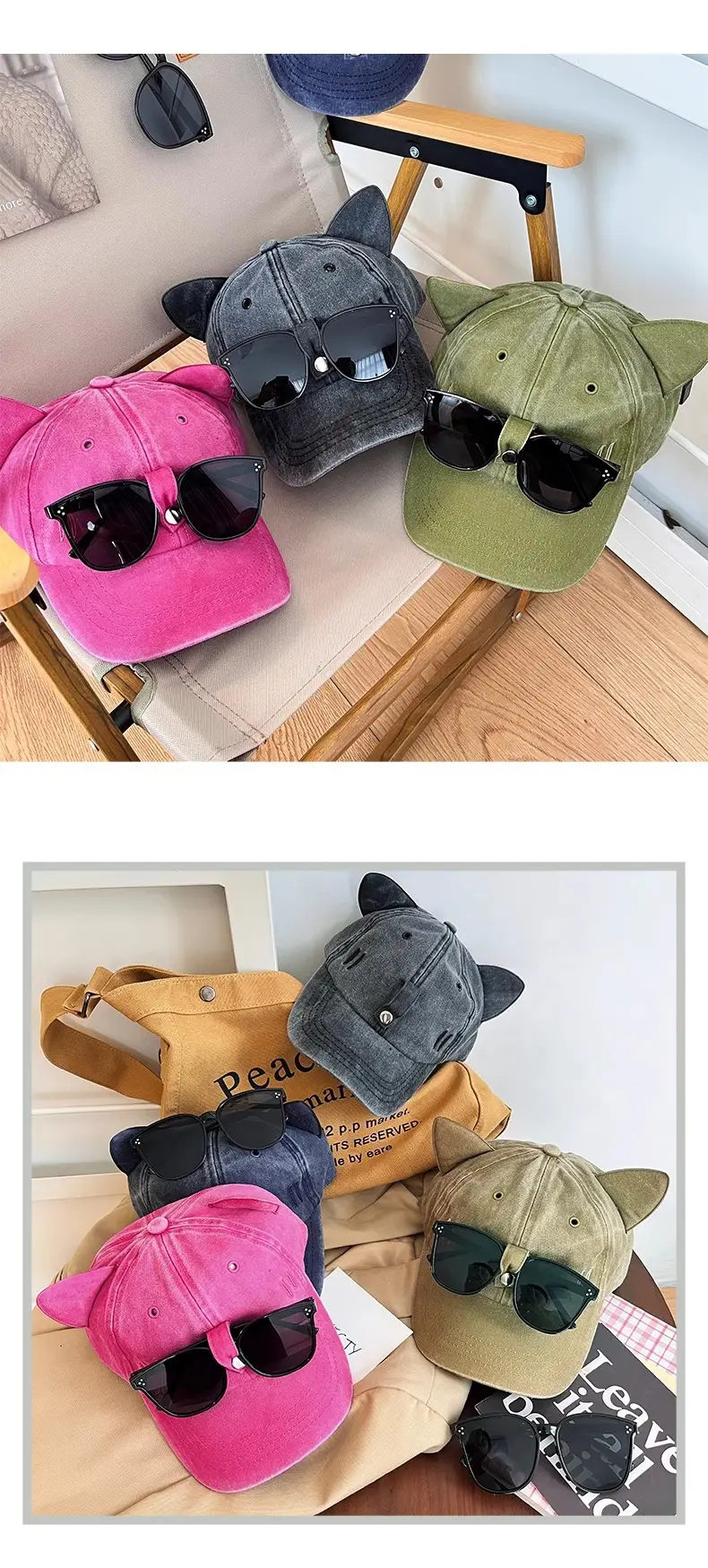 Women Cat Ears Wash Denim Cap Aviator Baseball Sunglasses — feature 8