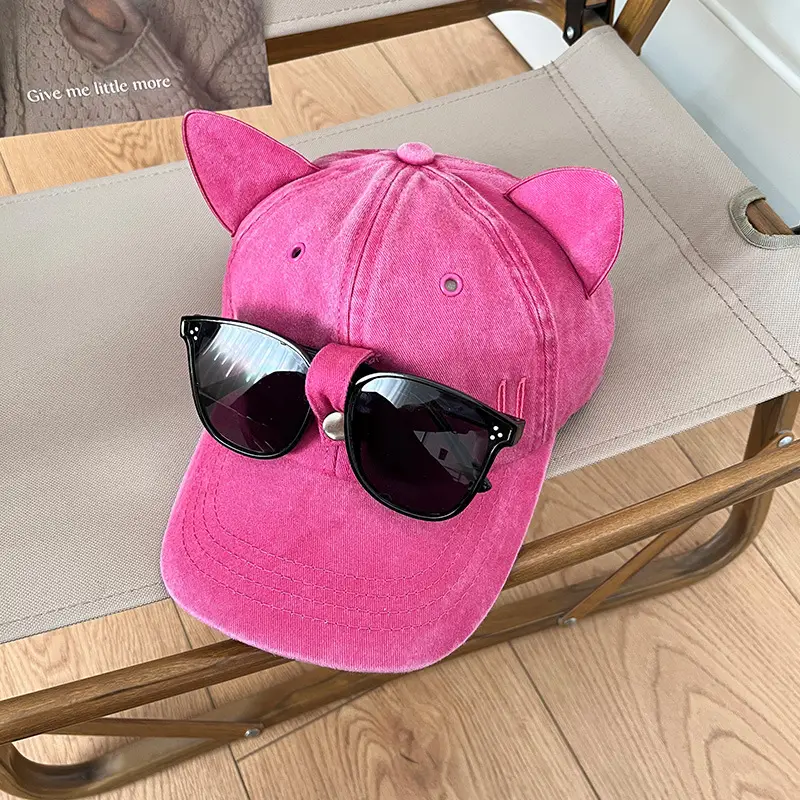 Women Cat Ears Wash Denim Cap Aviator Baseball Sunglasses - Image 2