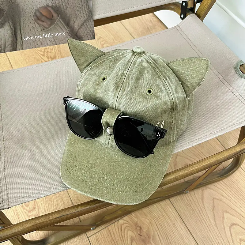 Women Cat Ears Wash Denim Cap Aviator Baseball Sunglasses - Image 3