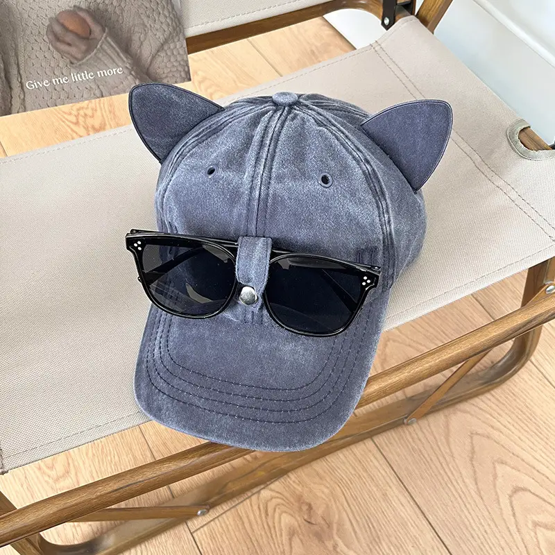 Women Cat Ears Wash Denim Cap Aviator Baseball Sunglasses - Image 4