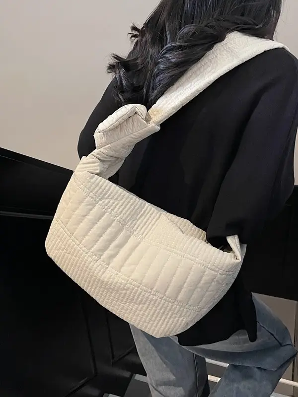 Women's Crossbody Bag with Quilted Design Brown White Striped Top - Image 7