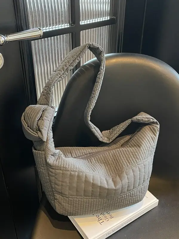 Women's Crossbody Bag with Quilted Design Brown White Striped Top - Image 9