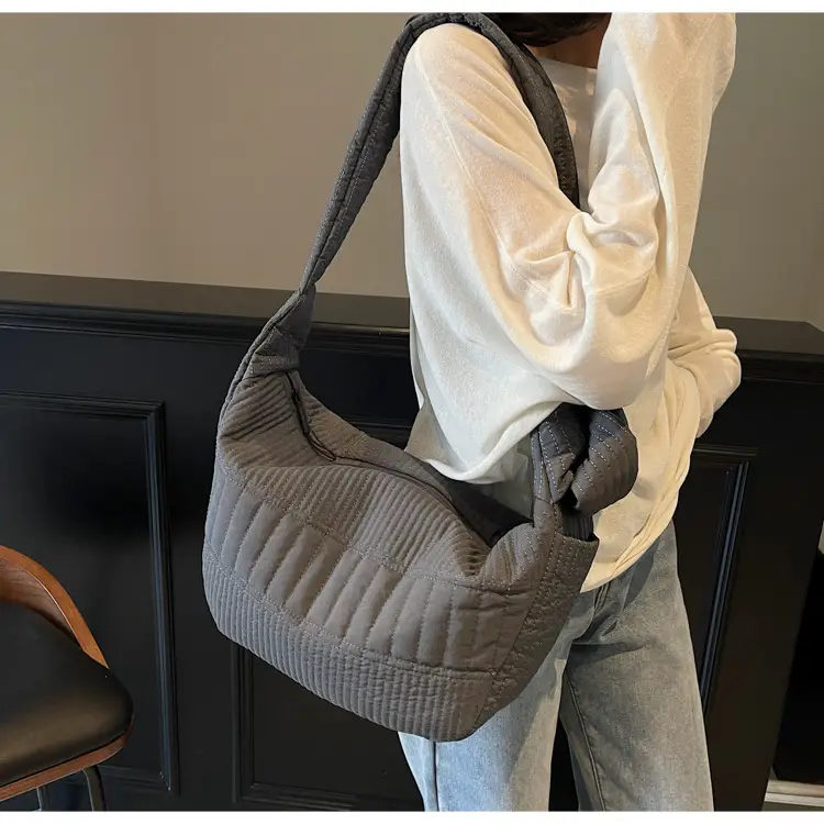 Women's Crossbody Bag with Quilted Design Brown White Striped Top — feature 10