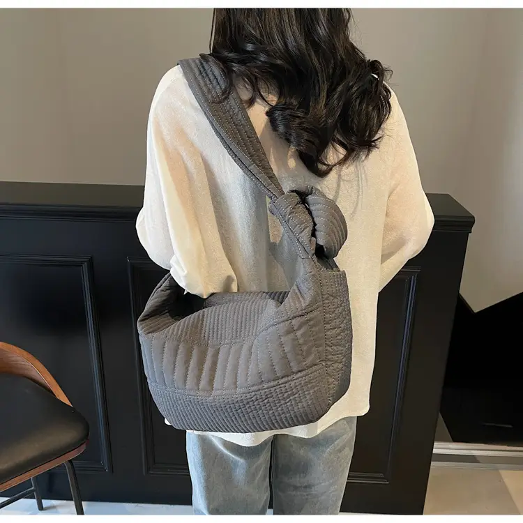 Women's Crossbody Bag with Quilted Design Brown White Striped Top — feature 11