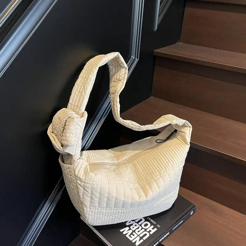 Women's Crossbody Bag with Quilted Design Brown White Striped Top - Image 2