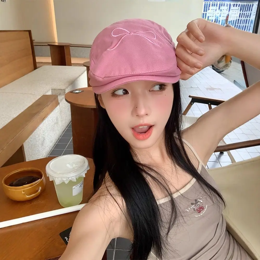 Women's Pink Embroidered Bow Cap Summer Beret - Image 6