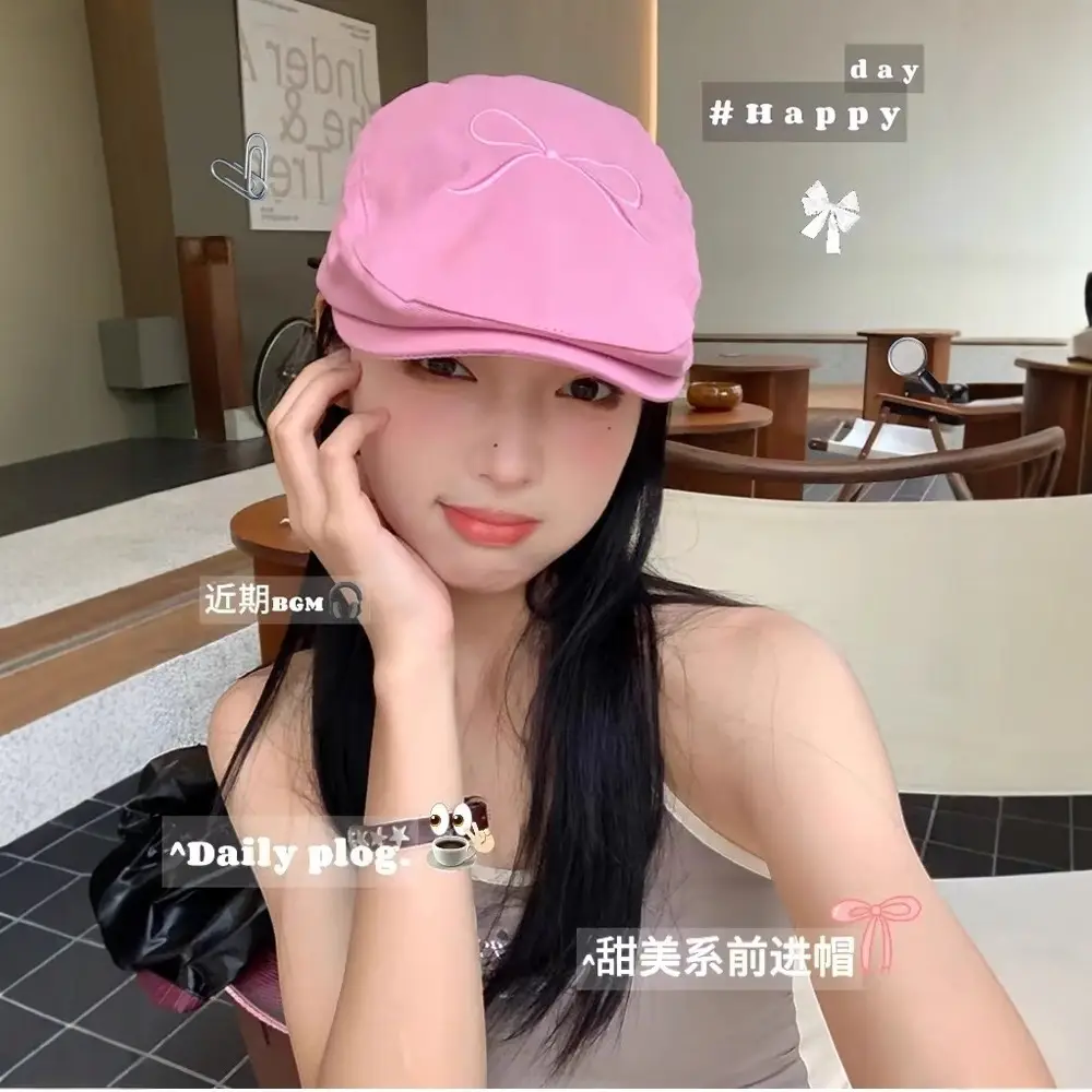 Women's Pink Embroidered Bow Cap Summer Beret - Image 7