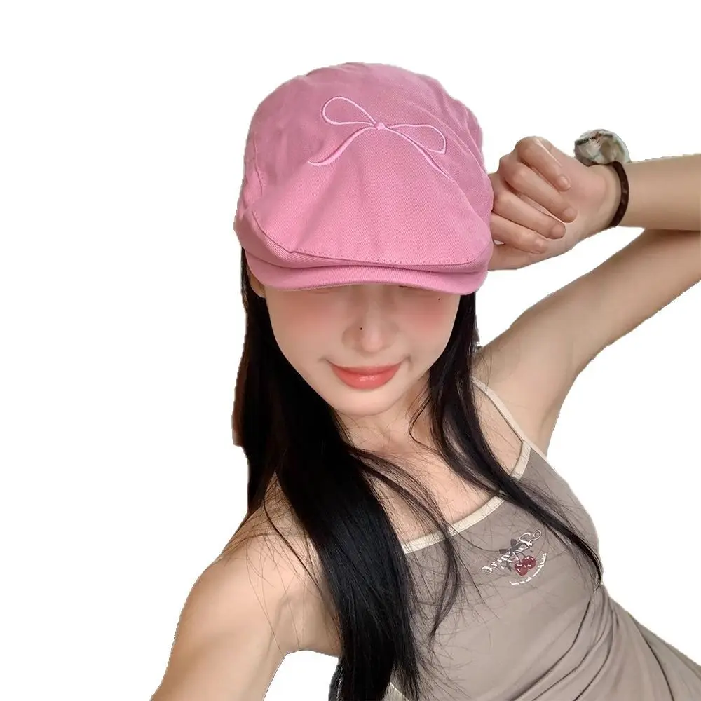 Women's Pink Embroidered Bow Cap Summer Beret - Image 9