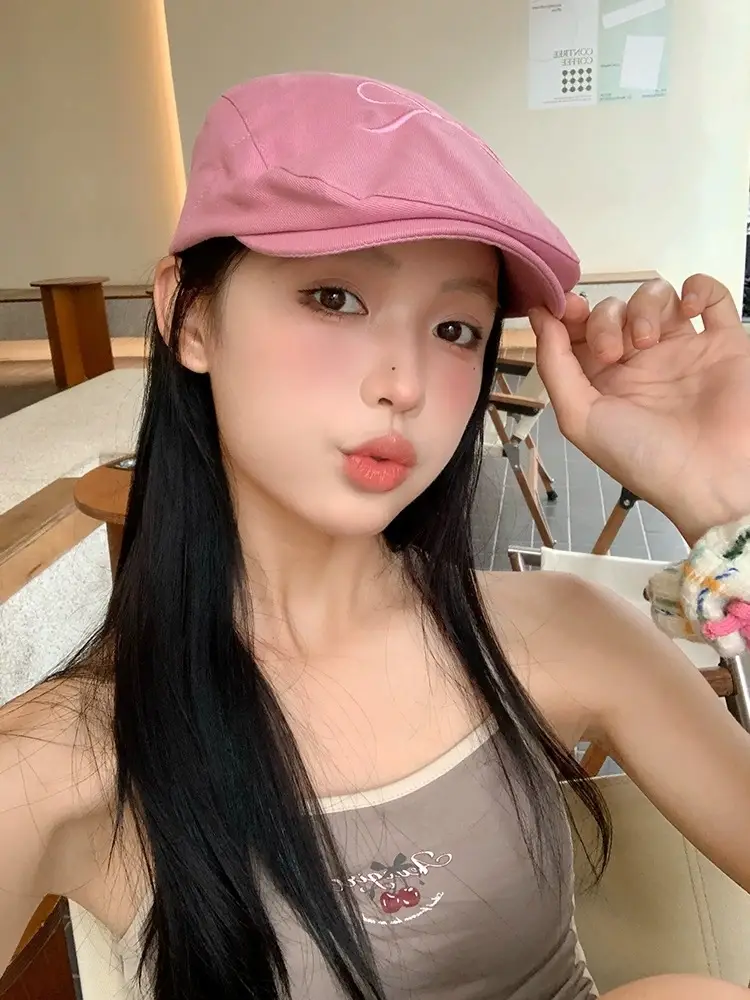 Women's Pink Embroidered Bow Cap Summer Beret — feature 1
