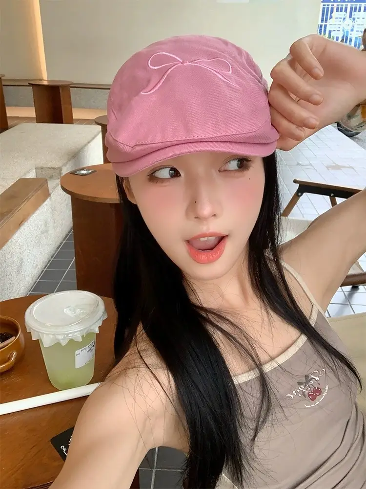 Women's Pink Embroidered Bow Cap Summer Beret — feature 2