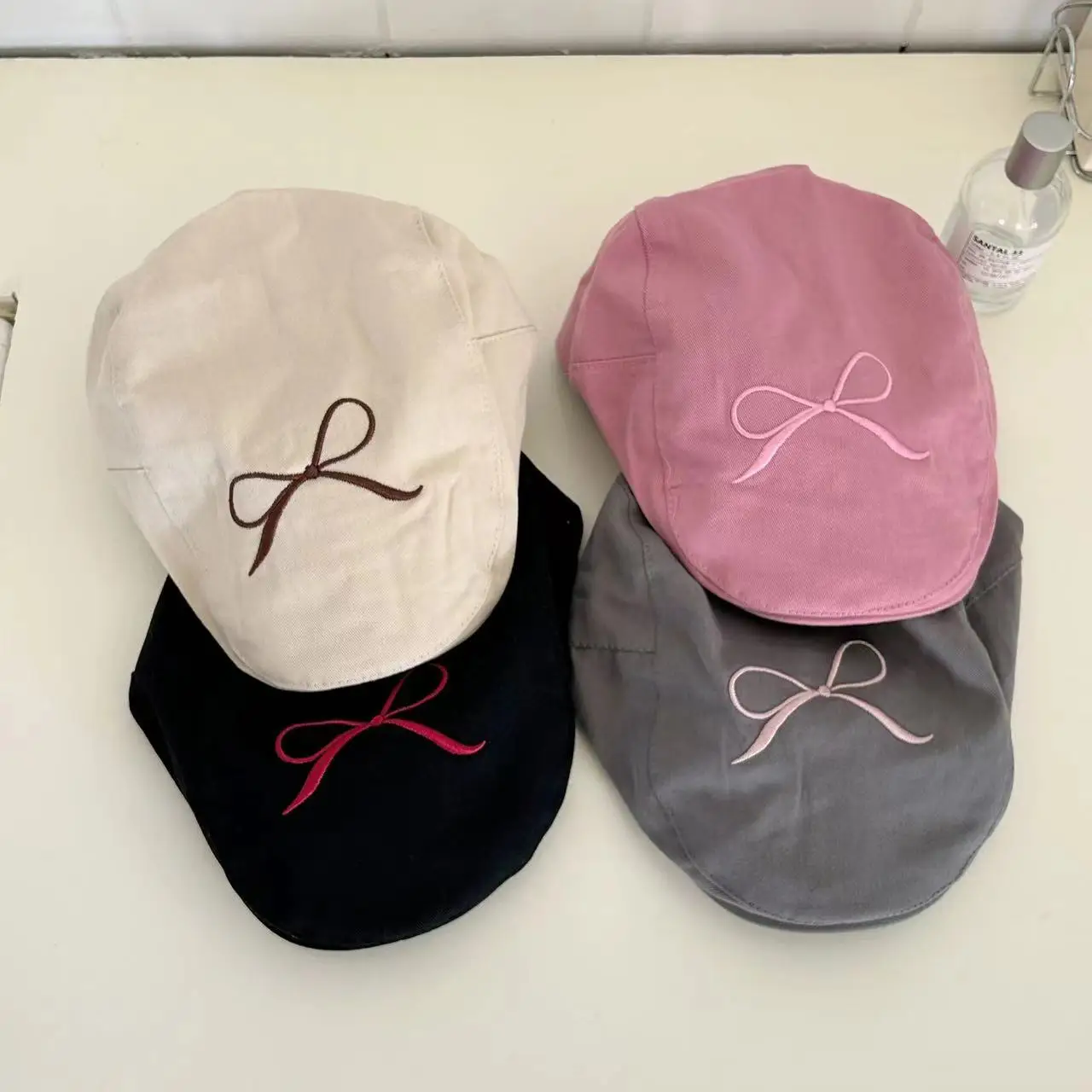 Women's Pink Embroidered Bow Cap Summer Beret — feature 3