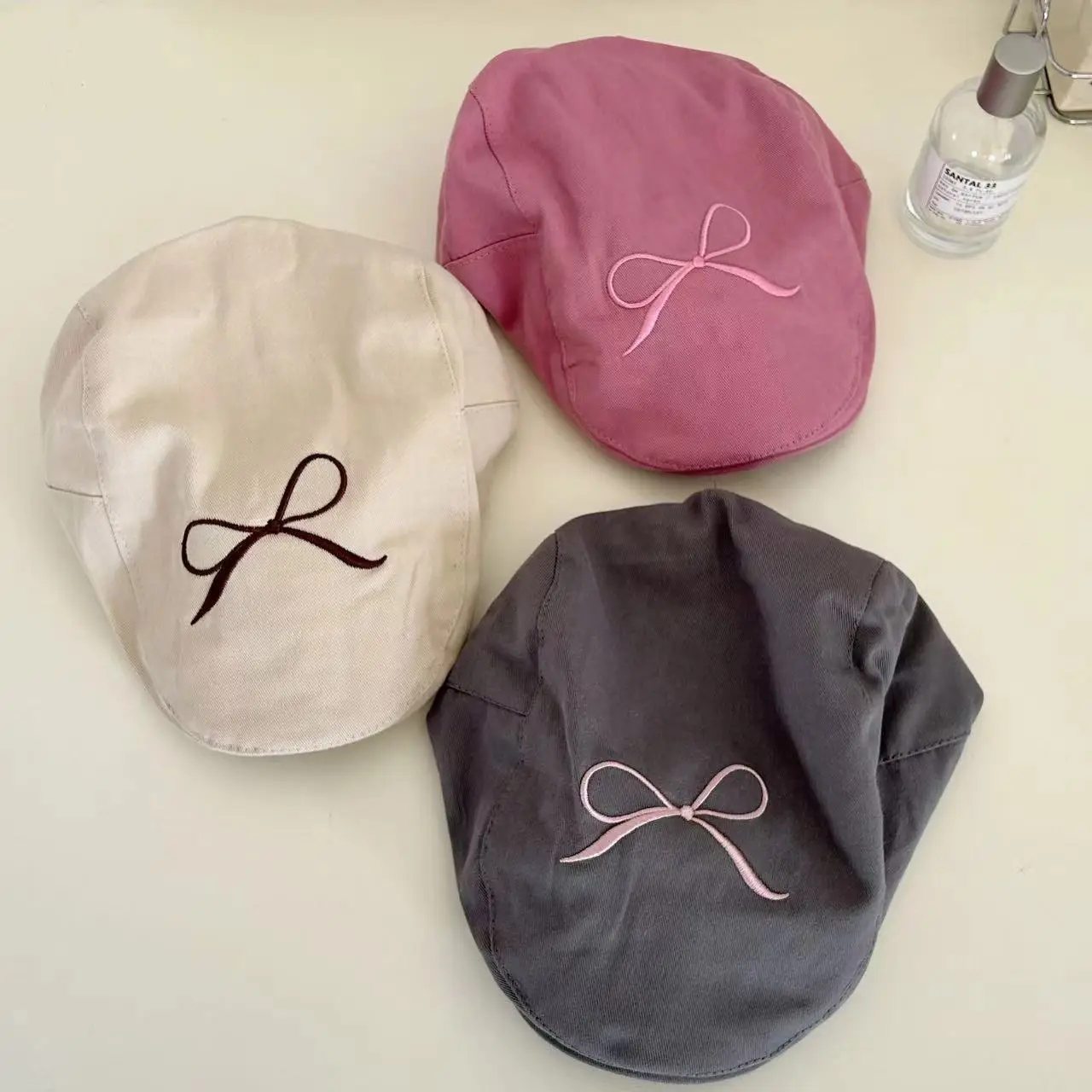 Women's Pink Embroidered Bow Cap Summer Beret — feature 4