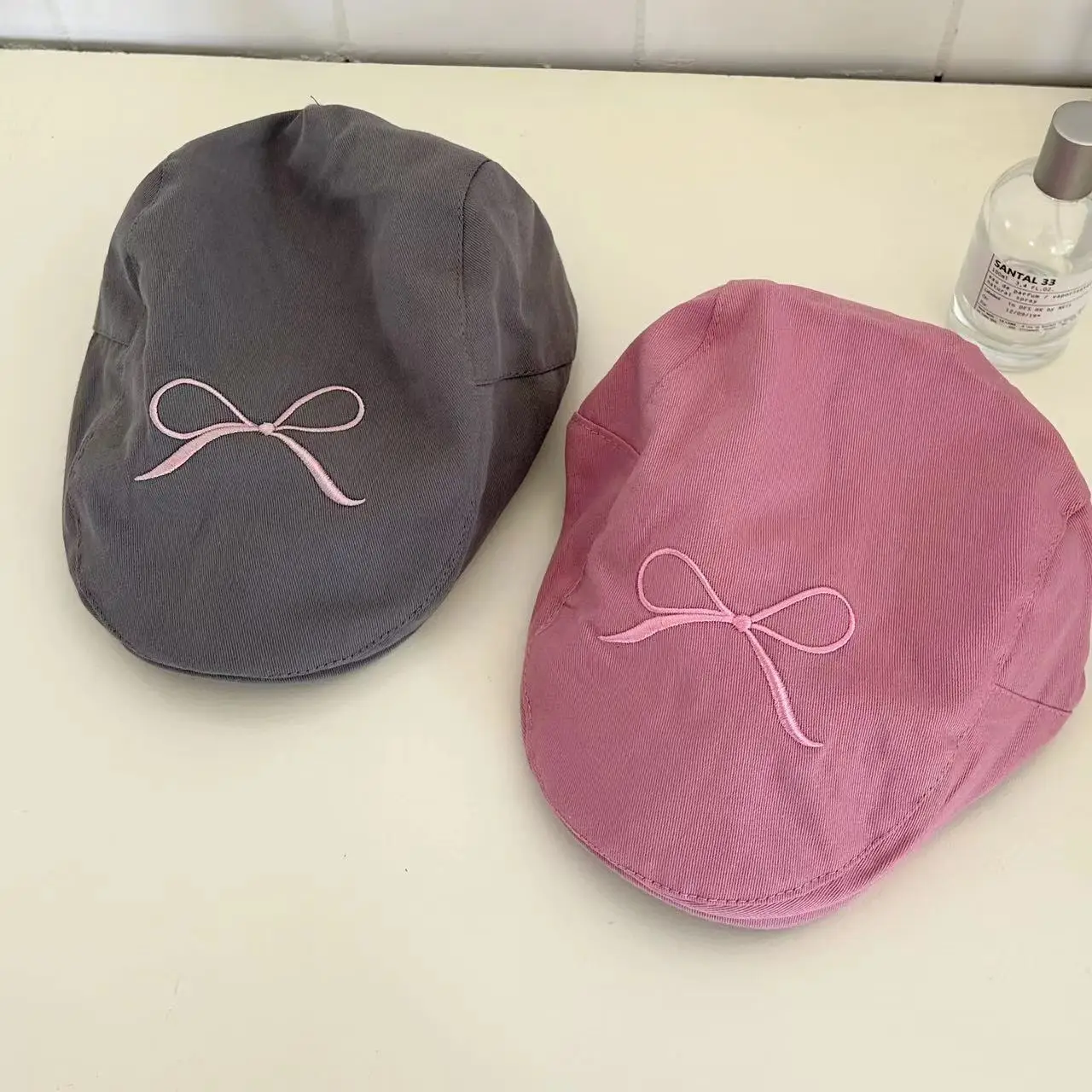 Women's Pink Embroidered Bow Cap Summer Beret — feature 5