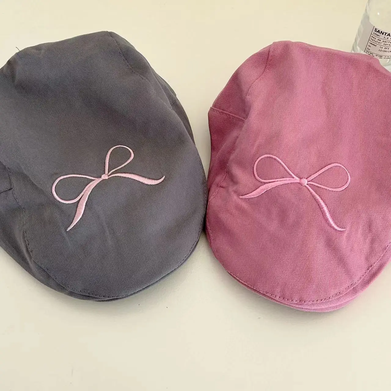Women's Pink Embroidered Bow Cap Summer Beret — feature 6