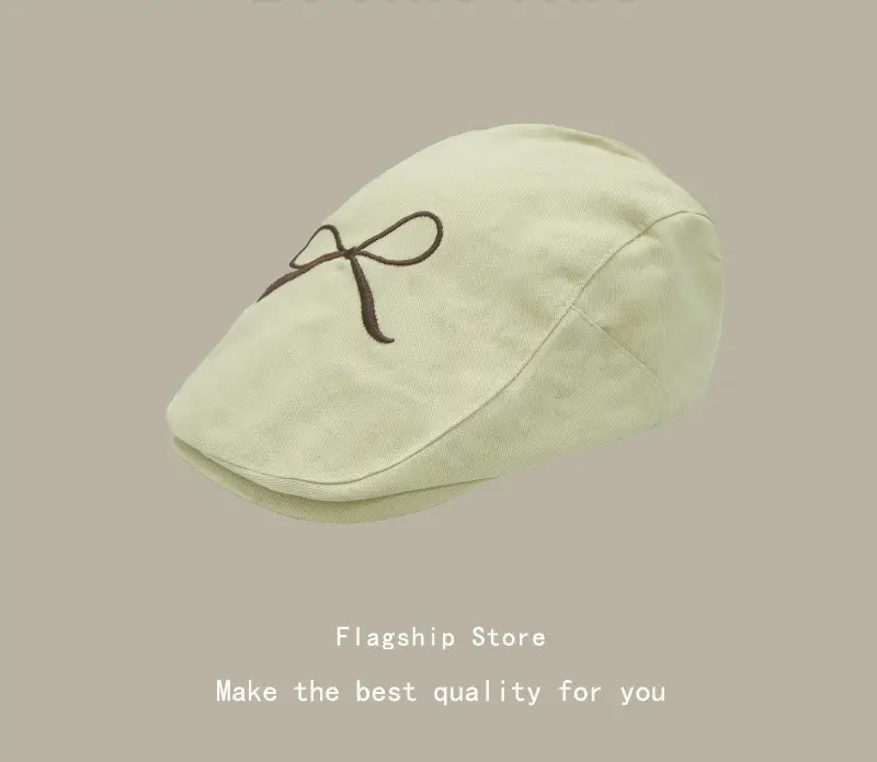 Women's Pink Embroidered Bow Cap Summer Beret - Image 2
