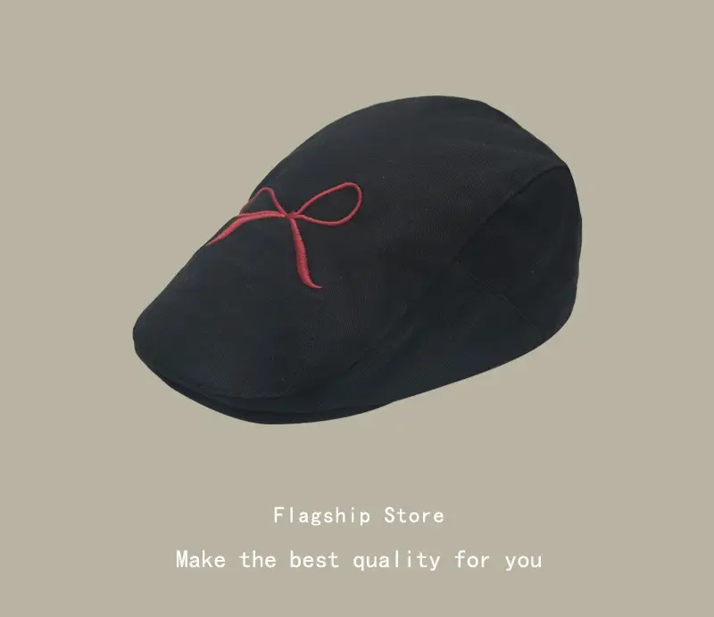 Women's Pink Embroidered Bow Cap Summer Beret - Image 3