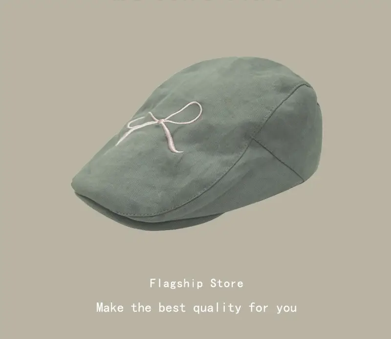 Women's Pink Embroidered Bow Cap Summer Beret - Image 4