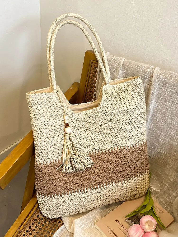Women's Woven Tote Bag Brown Beige Tassel Handle - Image 4