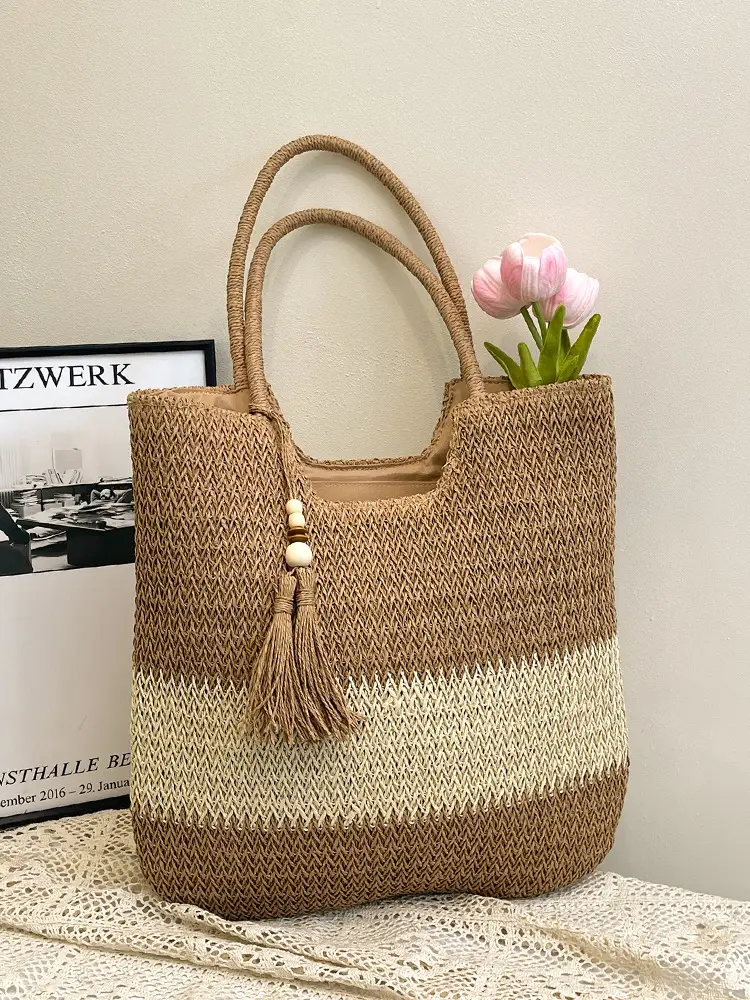 Women's Woven Tote Bag Brown Beige Tassel Handle - Image 5