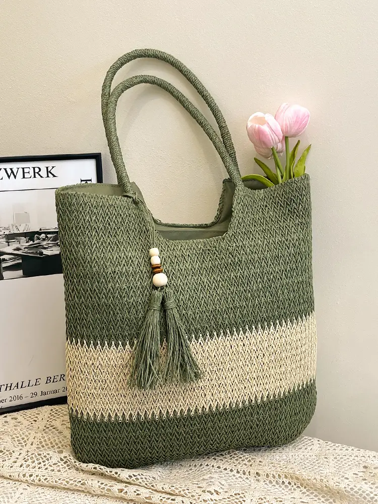 Women's Woven Tote Bag Brown Beige Tassel Handle - Image 6
