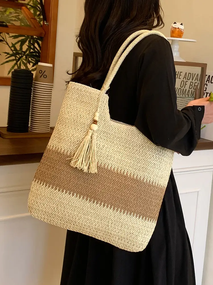 Women's Woven Tote Bag Brown Beige Tassel Handle - Image 7
