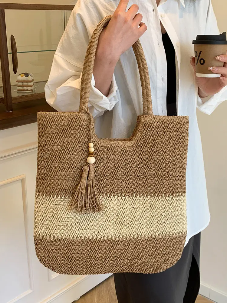Women's Woven Tote Bag Brown Beige Tassel Handle - Image 8