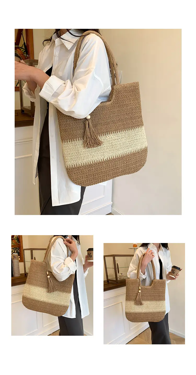Women's Woven Tote Bag Brown Beige Tassel Handle — feature 11