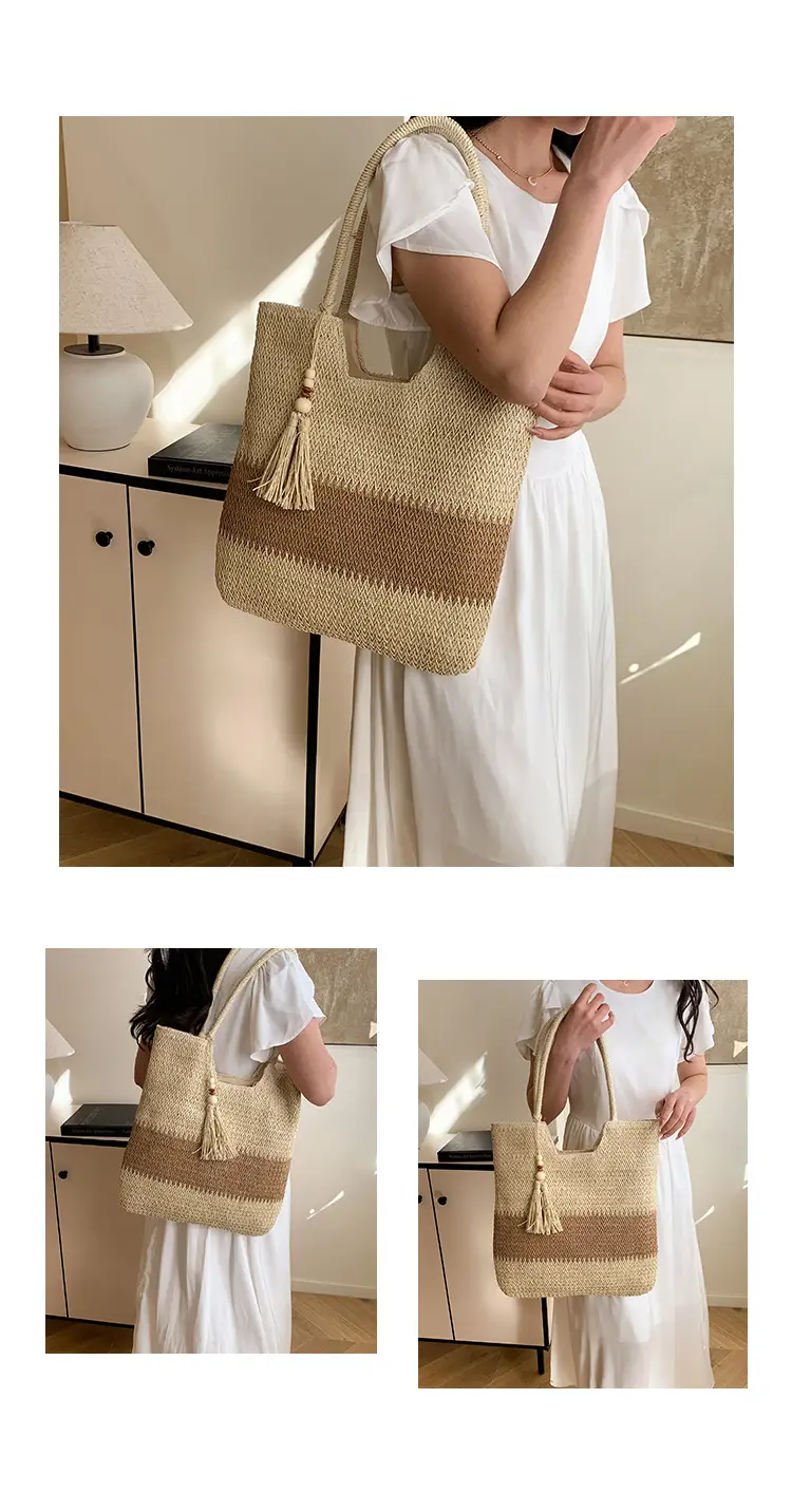 Women's Woven Tote Bag Brown Beige Tassel Handle — feature 12