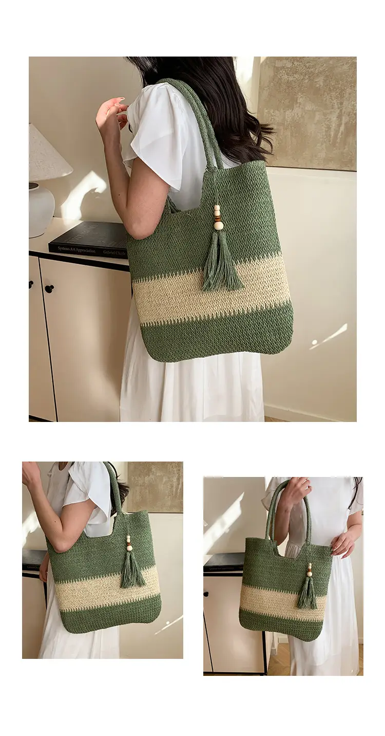 Women's Woven Tote Bag Brown Beige Tassel Handle — feature 13