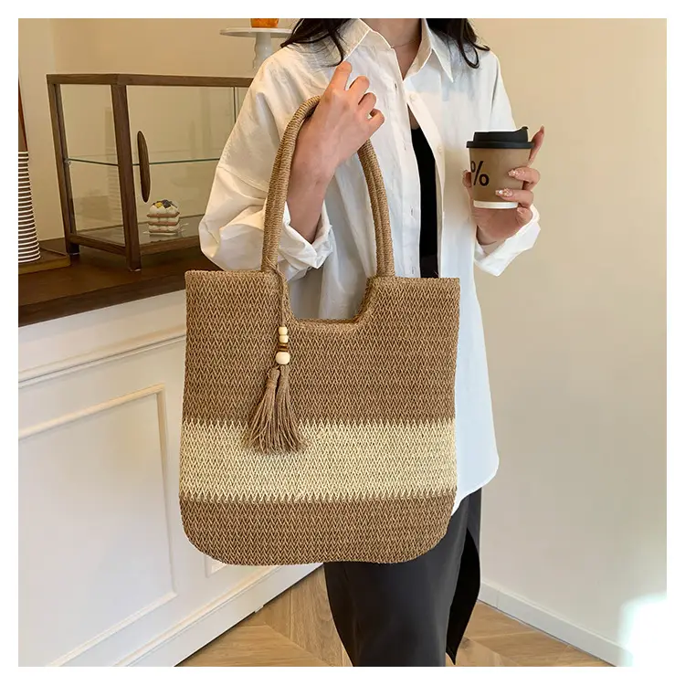 Women's Woven Tote Bag Brown Beige Tassel Handle — feature 14