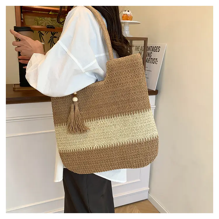 Women's Woven Tote Bag Brown Beige Tassel Handle — feature 16