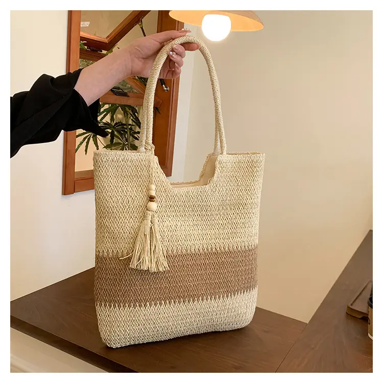 Women's Woven Tote Bag Brown Beige Tassel Handle — feature 17