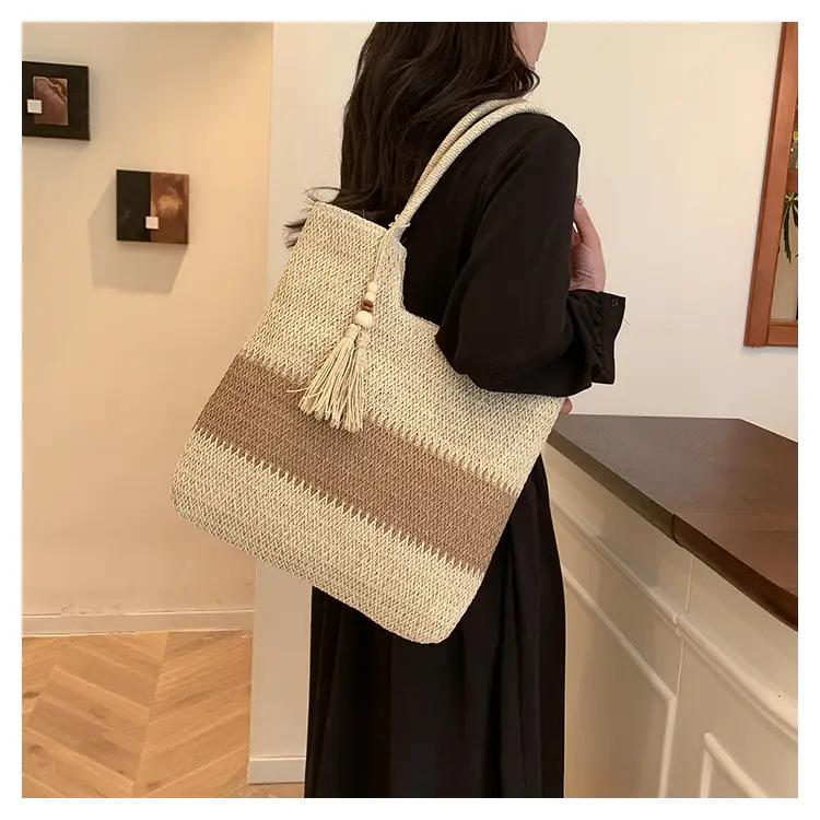Women's Woven Tote Bag Brown Beige Tassel Handle — feature 18