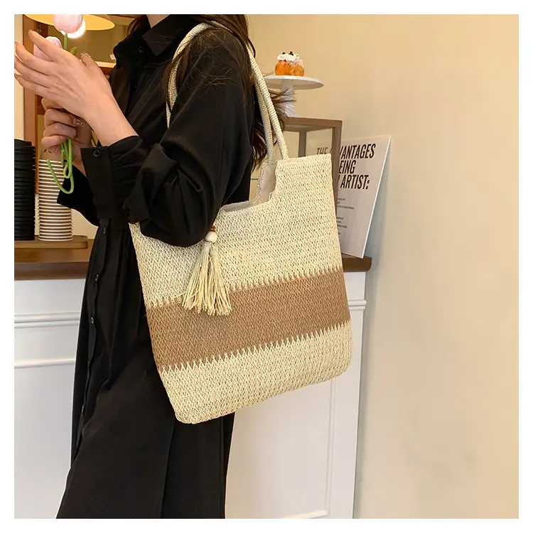 Women's Woven Tote Bag Brown Beige Tassel Handle — feature 19