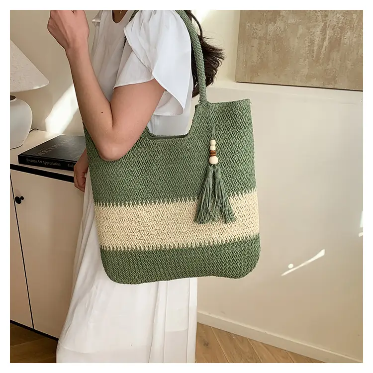 Women's Woven Tote Bag Brown Beige Tassel Handle — feature 22