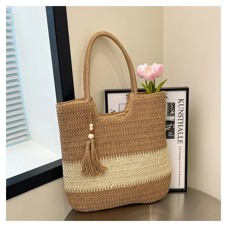 Women's Woven Tote Bag Brown Beige Tassel Handle — feature 23