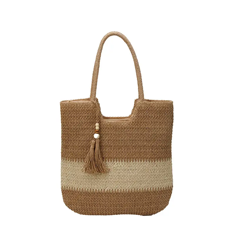 Women's Woven Tote Bag Brown Beige Tassel Handle - Image 2