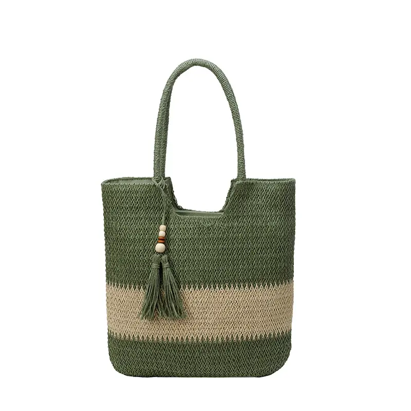 Women's Woven Tote Bag Brown Beige Tassel Handle - Image 3